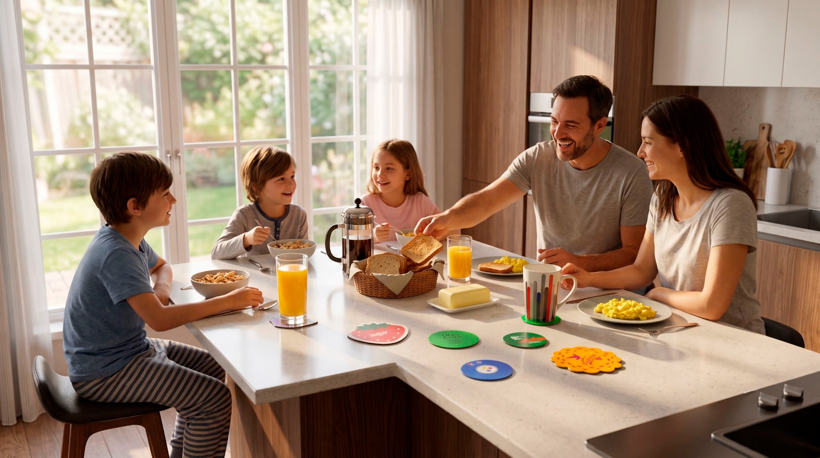Familia reunida alrededor de una mesa con posavasos